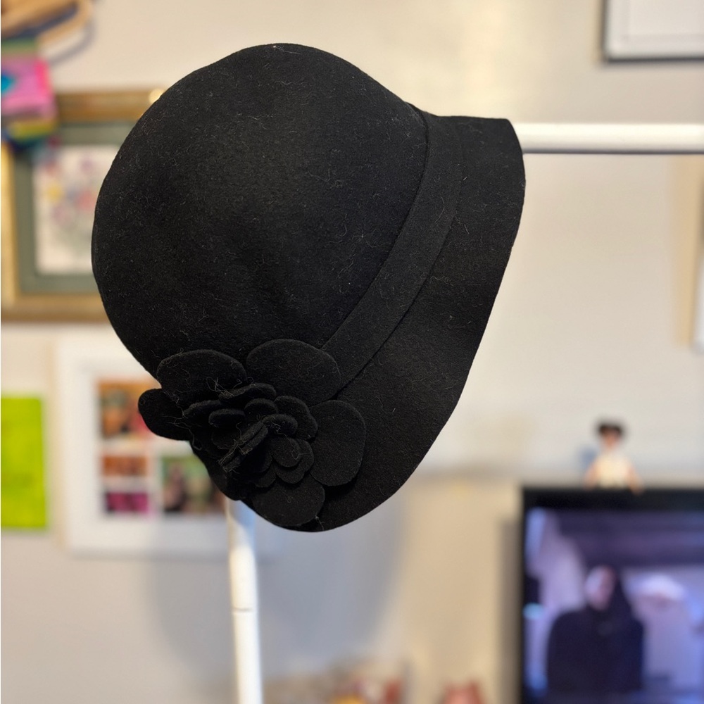 Chic Black Cloche Hat with Floral Detail